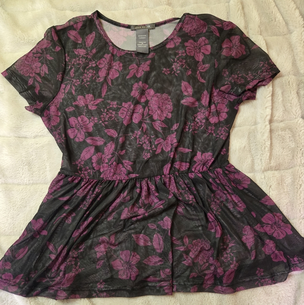 Suzy Shier Black and Purple Floral Blouse